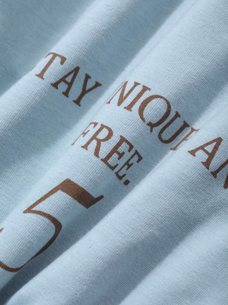 DAZY Women Loose Letter Print Dropped Shoulder Top And Straight Leg Wide Leg Pants Home Wear Set - Blue - View 7