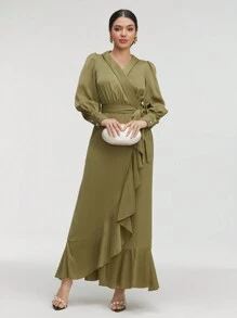 Veilorie Women Dresses Berikat Ruffle Hem Membungkus Plain Anggun - Hijau Tentara - View 3