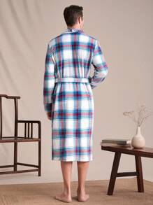 Men's Plaid Print Shawl Neck Patchwork Pocket Drawstring Fluffy Robe, Autumn/Winter