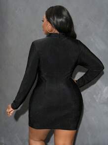 Slaydiva Plus Size Ladies Boucle Patchwork Shirt Dress - Black - View 3