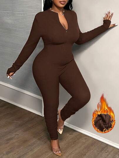 Slaydiva Tuta termica foderata con chiusura lampo, tinta unita, taglie forti, per autunno/inverno