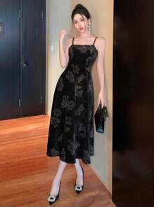 DAZY 女士丝绒印花中长连衣裙，秋冬季，新年舞会礼服，优雅女士连衣裙 - 黑色 - 查看 6
