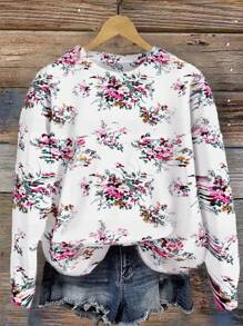 SHEIN LUNE 休闲简约花卉印花图案圆领长袖宽松女式运动衫，适合夏季 - 彩色 - 查看 1