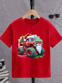 Boys' Crew Neck T-Shirt With Cool Santa Truck Cartoon Print, Christmas Themed Casual Holiday Style