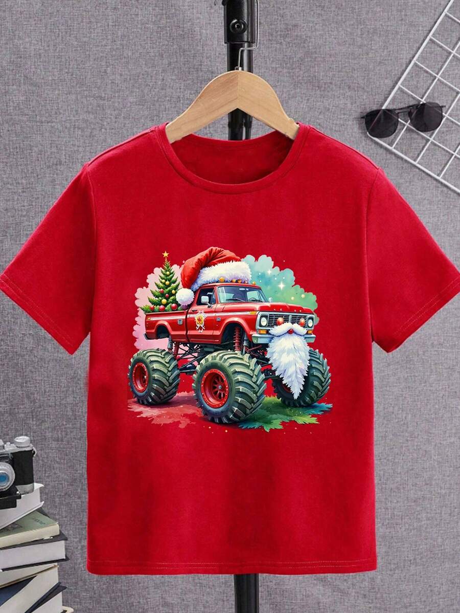 Boys' Crew Neck T-Shirt With Cool Santa Truck Cartoon Print, Christmas Themed Casual Holiday Style