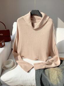 Comfortcana 女士纯色高领长袖简约毛衣，休闲日常穿着 - 卡其色 - 查看 4