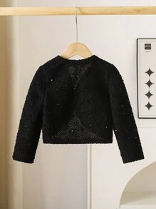 SHEIN LMoss Kids LMoss Young Girl Young Girl Solid Color 3D Flower Short Casual Cardigan - Black - View 2