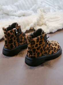 1 đôi giày bốt trẻ em thời trang ấm áp lót lông có khóa kéo bên hông, họa tiết da báo đậm, giày ngoài trời cho trẻ em, mùa đông - màu nâu - Xem 4