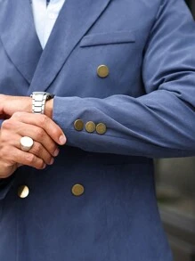 Manfinity Mode 男士简约立领双排扣西装外套，适合通勤，秋季 - 藏蓝色 - 查看 4