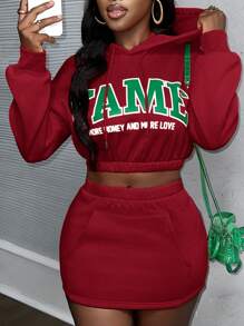 Slaydiva 新款秋冬季休闲青年运动连帽截短长袖迷你裙橙色天鹅绒卫衣面料英文标志口号印花女两件套-W - 紅色 - 查看 1
