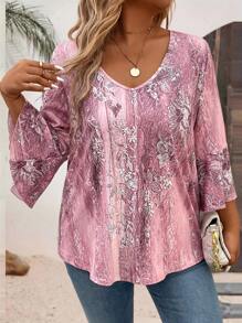 Plus Size Women Casual Digital Print Sweetheart Neck 3/4 Sleeve T-Shirt Graphic Tees Women Tops