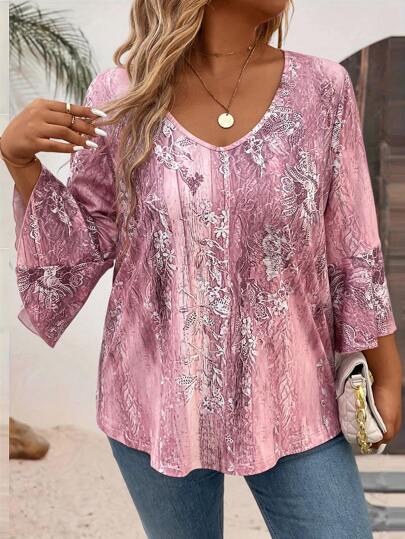 Plus Size Dam Casual Digital Print Sweetheart Neck 3/4-ärm T-shirt Grafiska T-shirts Dam Toppar