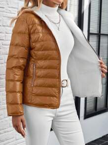 SHEIN LUNE Women Down& Feathers With Fluffy Hood, Casual Autumn/Winter Coat - Brown - View 7