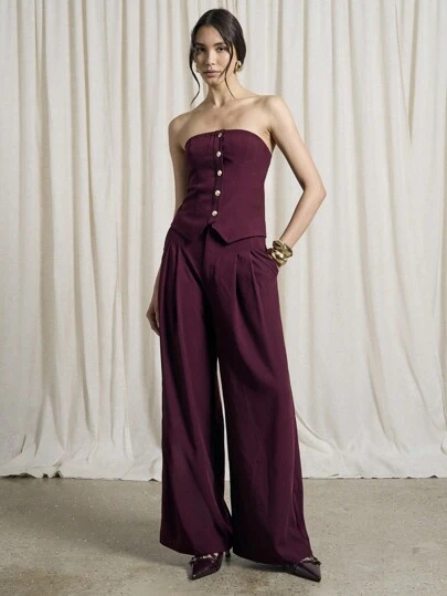 AiiRZ Bandeau Front Button Tailored Vest And Double Pleated Wide Leg Trouser Two-Piece Suit Set