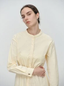 SHEIN LUNE Women's Elegant & Stylish Office/Casual Comfortable Long Sleeve Round Neck Front Open Cinched Waist Back Solid Color Shirt Dress Fall Cloth For Women - Beige - View 7
