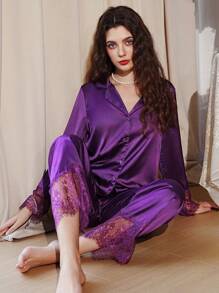Eyelash Lace Panel Satin PJ Set / Pajama Set Holiday Season - Red Violet - View 4