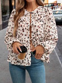 SHEIN Clasi 1 pièce Blouse à manches longues pour femme, col à nœud papillon, ourlet à volants, fermeture devant, couleur unie, élégante