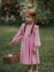SHEIN Young Girl Pink Elegant Cap Sleeve Jacquard Pattern Dress,Flower Girl Fairy Style For Birthday Party,Autumn New Year Gift,Daily Outdoor Fashionable - Purple - View 3