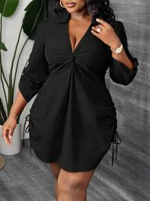 Slaydiva 优雅、日常、通勤、派对、约会 性感修身纯色铁锈红色长袖褶皱扭结侧抽绳腰部女式大码迷你衬衫连衣裙，春秋季 - 黑色 - 查看 5