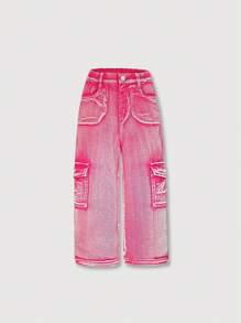 SHEIN Girls Casual Versatile All-Match Street Style Fashion Washed Comfortable Pink Denim Jeans Loose Straight Pants, Must-Have New Arrival 2024 - Hot Pink - View 7
