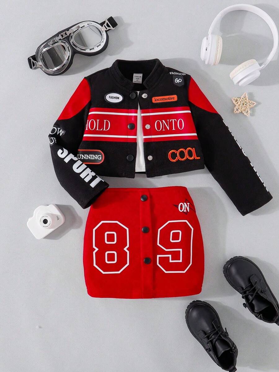 SHEIN 3pcs Set, Young Girls Motorcycle Graphic Print Fall/Winter Outfit - Multicolor - View 1