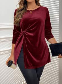 SHEIN Clasi 女式加大码优雅纯色扭结开衩下摆 T 恤，秋季 - 酒紅色 - 查看 1