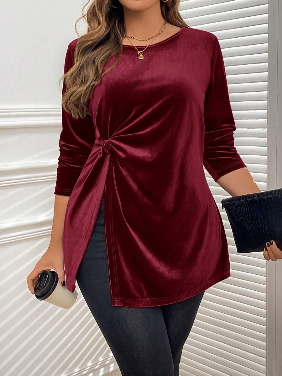 SHEIN Clasi 女式加大码优雅纯色扭结开衩下摆 T 恤，秋季 - 酒紅色 - 查看 1