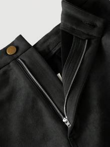 High Waist A-Line Faux Suede Fringed Hem Skirt - Black - View 3