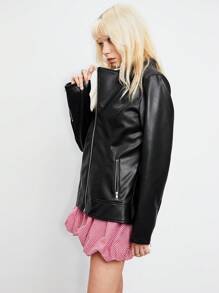 SHEIN Unity 1 chiếc áo khoác da PU cổ điển màu đen ôm vừa vặn dành cho nữ, mùa thu/đông - màu đen - Xem 6