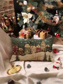 Funda decorativa para almohada con diseño de copos de nieve vintage y casa de bosque invernal - Estilo rústico navideño, funda de cojín de poliéster con cremallera para uso doméstico y al aire libre, lavable a máquina, para vacaciones (no incluye relleno de almohada)