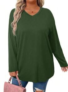 SHEIN LUNE 大码女式 V 领落肩纯色休闲长袖 T 恤 - 軍綠色 - 查看 4