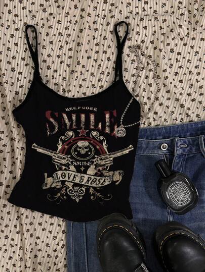Attitoon 女士休闲复古骷髅和枪图案性感吊带背心紧身背心，百搭