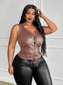 Slaydiva Plus Size Streetwear Seksowny Codzienny Uniwersalny Przód Wiązany Dopasowany Top PU, Czarny, Jesień