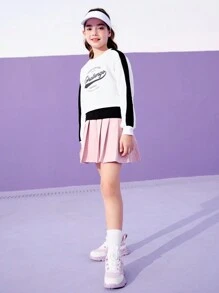 SHEIN 2pcs Girls Sport Suit Set, Letter Patchwork Sweatshirt And Black Tank Top, Crew Neck, Long Sleeve, For School, Work Out, Casual Wear, Fashionable Athletic Outfit For Girls