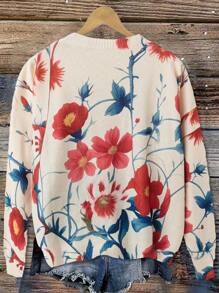 SHEIN Plus Size Women Printed Insect & Floral Sweater Knit Pullover Fall Winter - Apricot - View 2