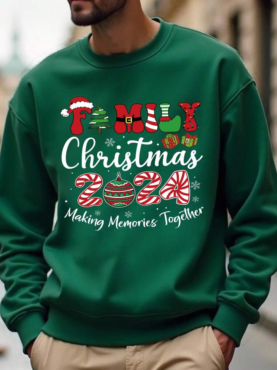 Manfinity 1件男士时尚休闲圣诞标语和彩球图案印花抓绒圆领卫衣，适合家庭圣诞派对和作为圣诞礼物，长袖上衣 - 墨綠色 - 查看 1