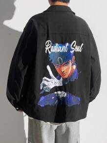 SHEIN TeenBoys 1 件休闲百搭时尚背部动漫印花图案工作纽扣休闲夹克外套返校；秋季服装；青少年男孩服装；秋季外套；秋季秋冬