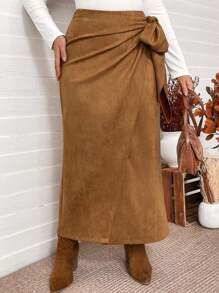 SHEIN VCAY Váy nơ buộc nơ bằng da lộn kaki cỡ lớn, váy phong cách boho phương Tây giản dị cho mùa thu/đông - Màu Khaki - Xem 4