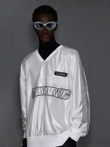 NEON BLANC Men's Reflective Letter Print V-Neck Pullover Long Sleeve Sweatshirt, For Friends, Husband, Boyfriend Gifts, For Fall Winter