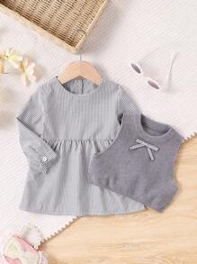 SHEIN 女婴条纹圆领长袖荷叶边下摆连衣裙和圆领毛衣背心套装，秋季