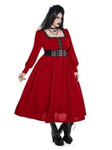 Whyspr Vestido largo de estilo vintage con mangas tipo globo, decoración de botones de metal y cintura alta, en estilo retro gótico/oscuro, medieval, barroco y palaciegos