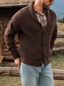 Manfinity Homme 1 件男士纯色长袖单排扣休闲开衫，秋冬外出落肩纯色休闲开衫，适合丈夫、男朋友的礼物 - 咖啡棕 - 查看 1