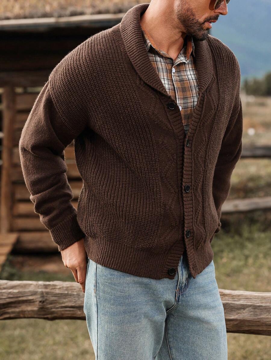 Manfinity Homme 1 件男士纯色长袖单排扣休闲开衫，秋冬外出落肩纯色休闲开衫，适合丈夫、男朋友的礼物 - 咖啡棕 - 查看 1