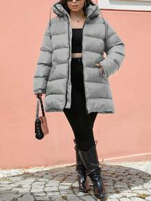 SHEIN Plus Size Zip Up Drawstring Hooded Padded Coat - Light Grey - View 5