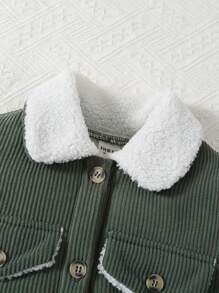 SHEIN Young Girls Fluffy Panel Front Button Casual Jacket With Pockets, Long Sleeve - Army Green - View 6
