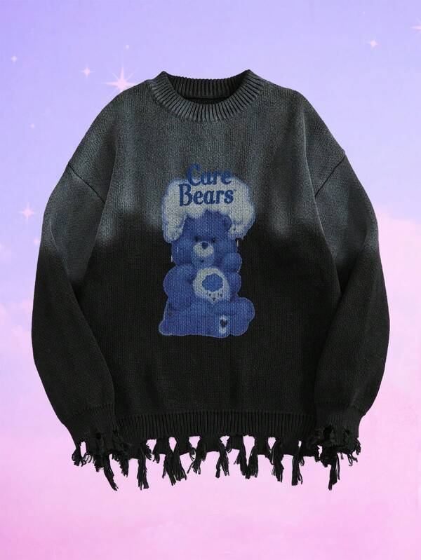 ROMWE MEN ROMWE X Care Bears Men's Casual Cartoon Bear & Letter Ombre Dropped Shoulder Loose Knit Pullover Sweater, For Fall Winter