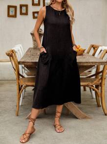 Breezaya 女士休闲纯色斜口袋长裙，夏季长款女装 - 黑色 - 查看 6