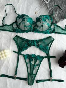 5pcs Women Floral Embroidered Mesh Lingerie Set, Sexy Underwear Set For Going Out