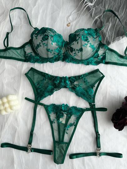 Women Bloemen Geborduurde Mesh Lingerie Set, Verleidelijke Underwear Set Going Out