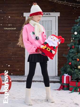 1pc Girls Christmas Sweatshirt, Comfortable Striped Turtleneck Patchwork Sweatshirt With Funny Text Graphic, Suitable For Christmas, City Outings, Casual Gatherings